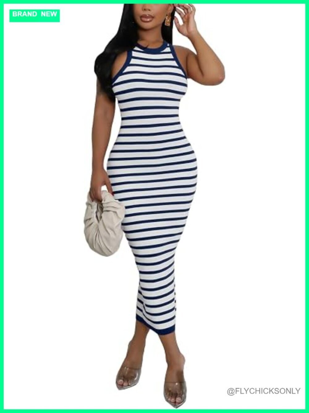 Striped Bodycon Tank Dress Ribbed Knit Midi Sleeveless Fitted Summer Dress